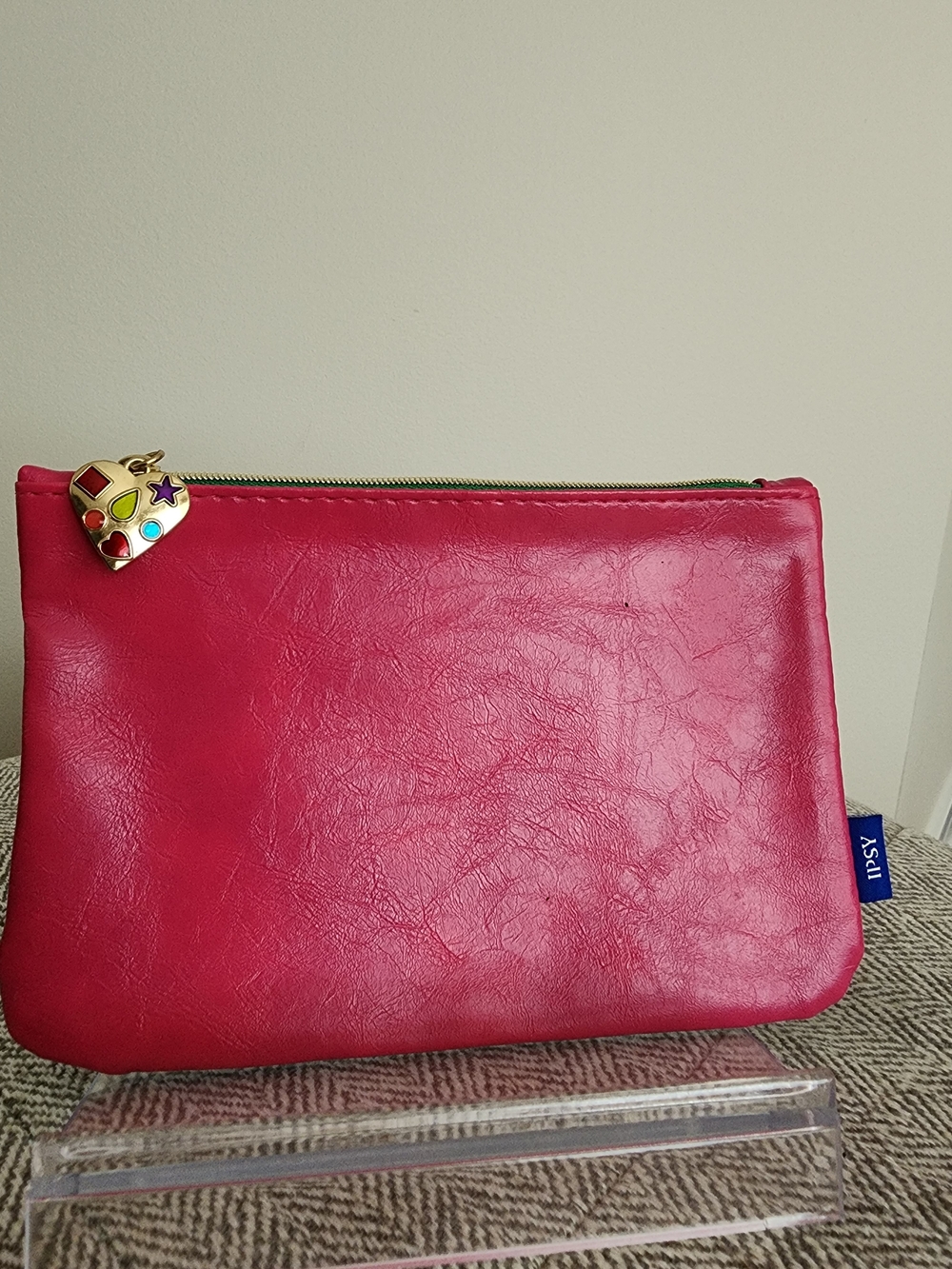 Ipsy Hot Pink And Blue Leather Cosmetic Pouch